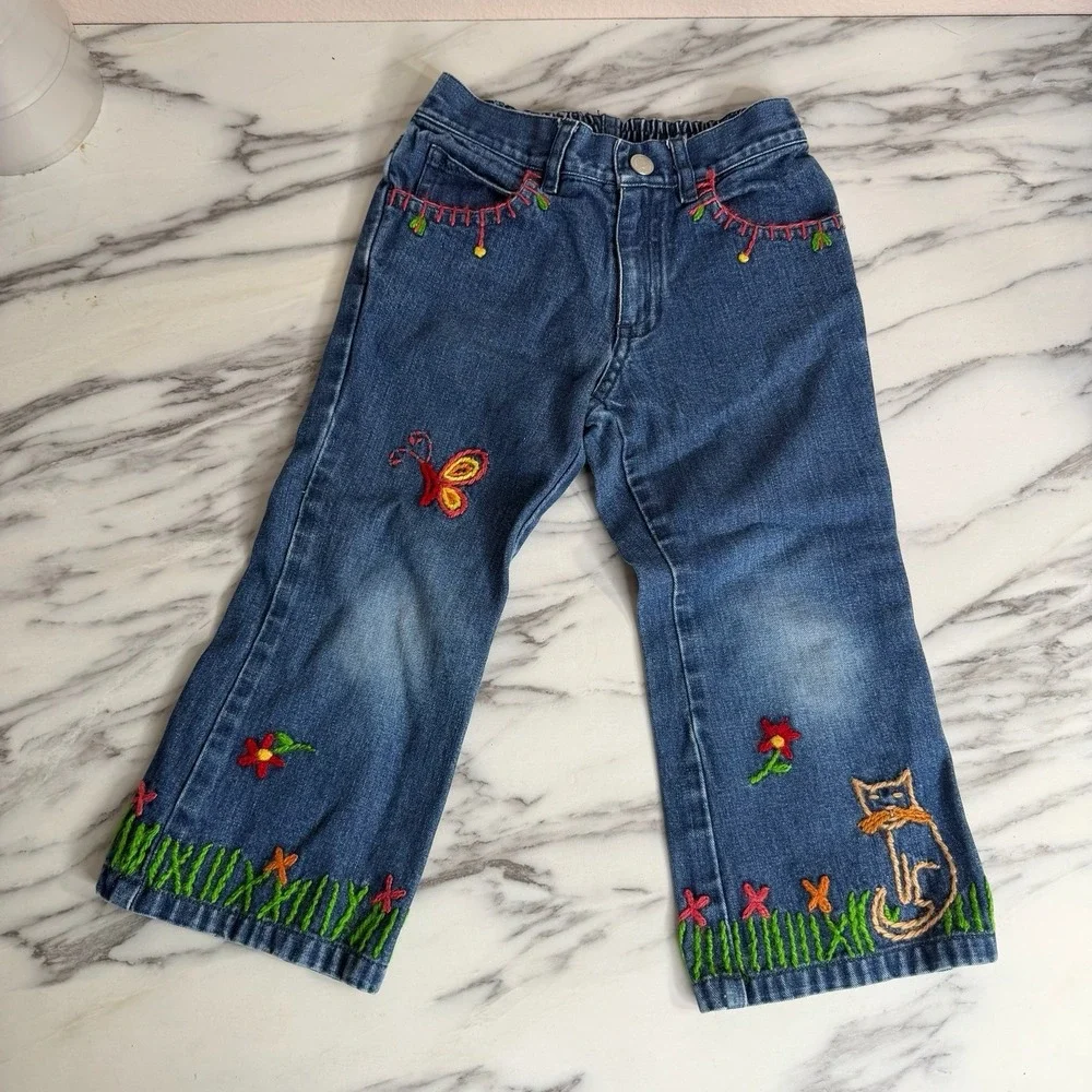 Vintage Old Navy Girls Sz 4 4T Jeans Embroidered Cat Floral Cottagecore Bootcut